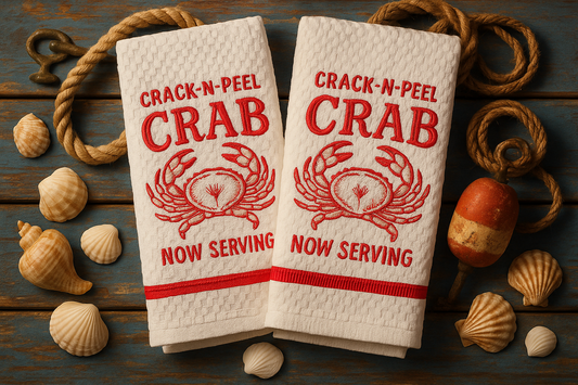 Embroidered Crab Kitchen Towels - Crack-N-Peel Crab Now Serving Set of 2