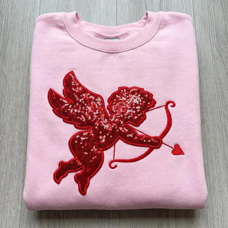 Sequined Cupid Valentine's Day Embroidered Sweatshirt - Pink