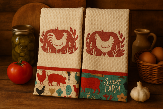 Rooster Farm Animal Embroidered Kitchen Towels Set - Country Decor