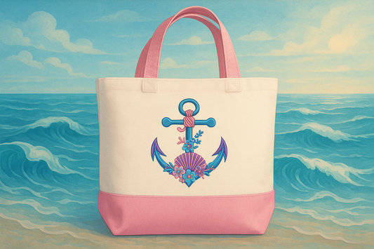🌸⚓ Floral Anchor Embroidered Canvas Tote Bag - Pink Trim Beach Bag 🏖️