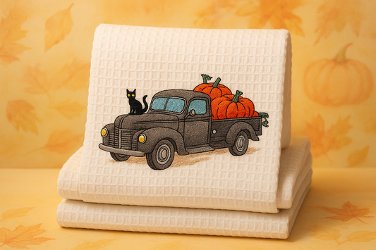 Autumn Truck Kitchen Towel - Embroidered Fall Harvest Design (Pair of Towels)