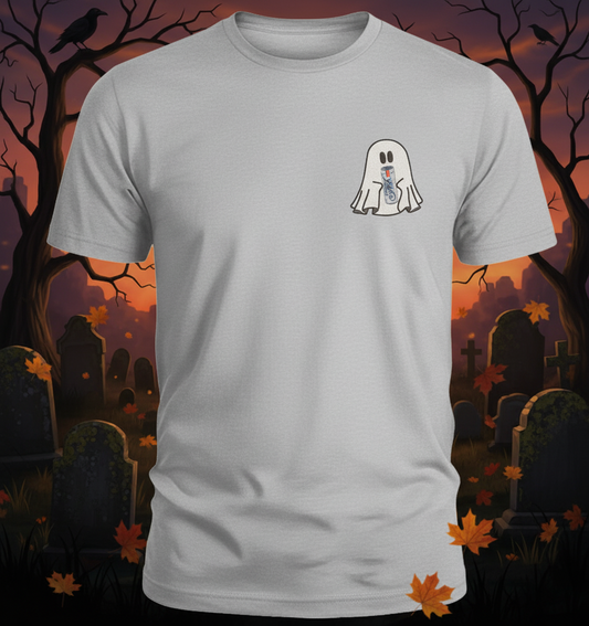 Halloween Embroidered Ghost holding a can of Ultra