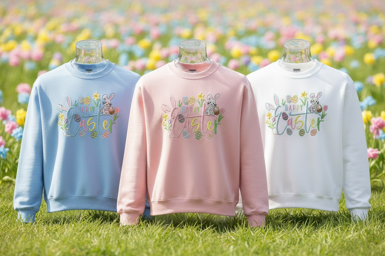 Embroidered Happy Easter Sweatshirt with Bunny and Flowers