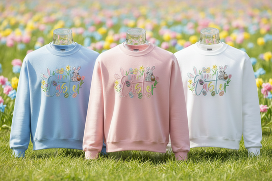 Embroidered Happy Easter Sweatshirt with Bunny and Flowers