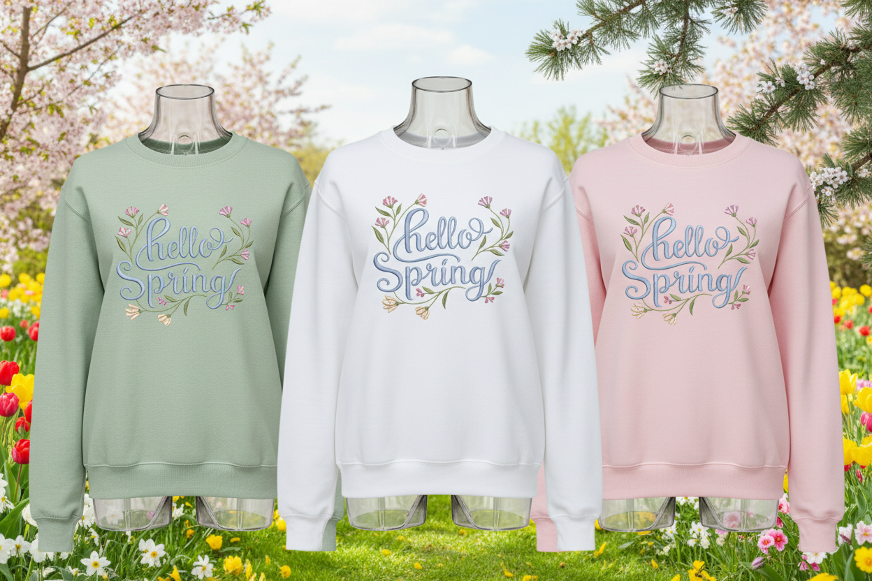 Embroidered Hello Spring Sweatshirt with Floral Wreath