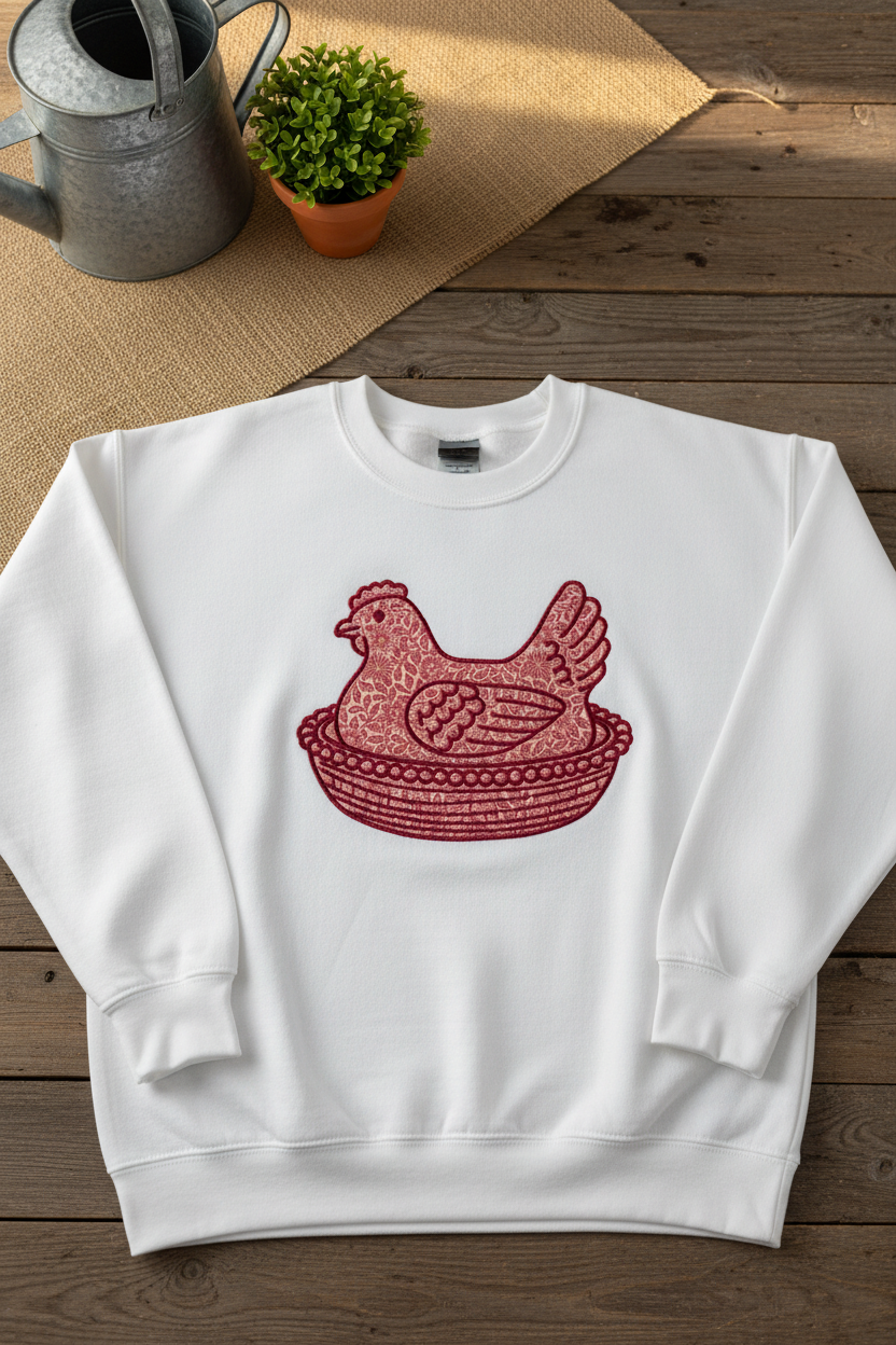 Vintage Charm: Glass Hen on a Nest Embroidered Sweatshirt 🐔✨