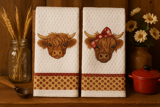 Highland Cow Embroidered Kitchen Towels Set - Farmhouse Decor