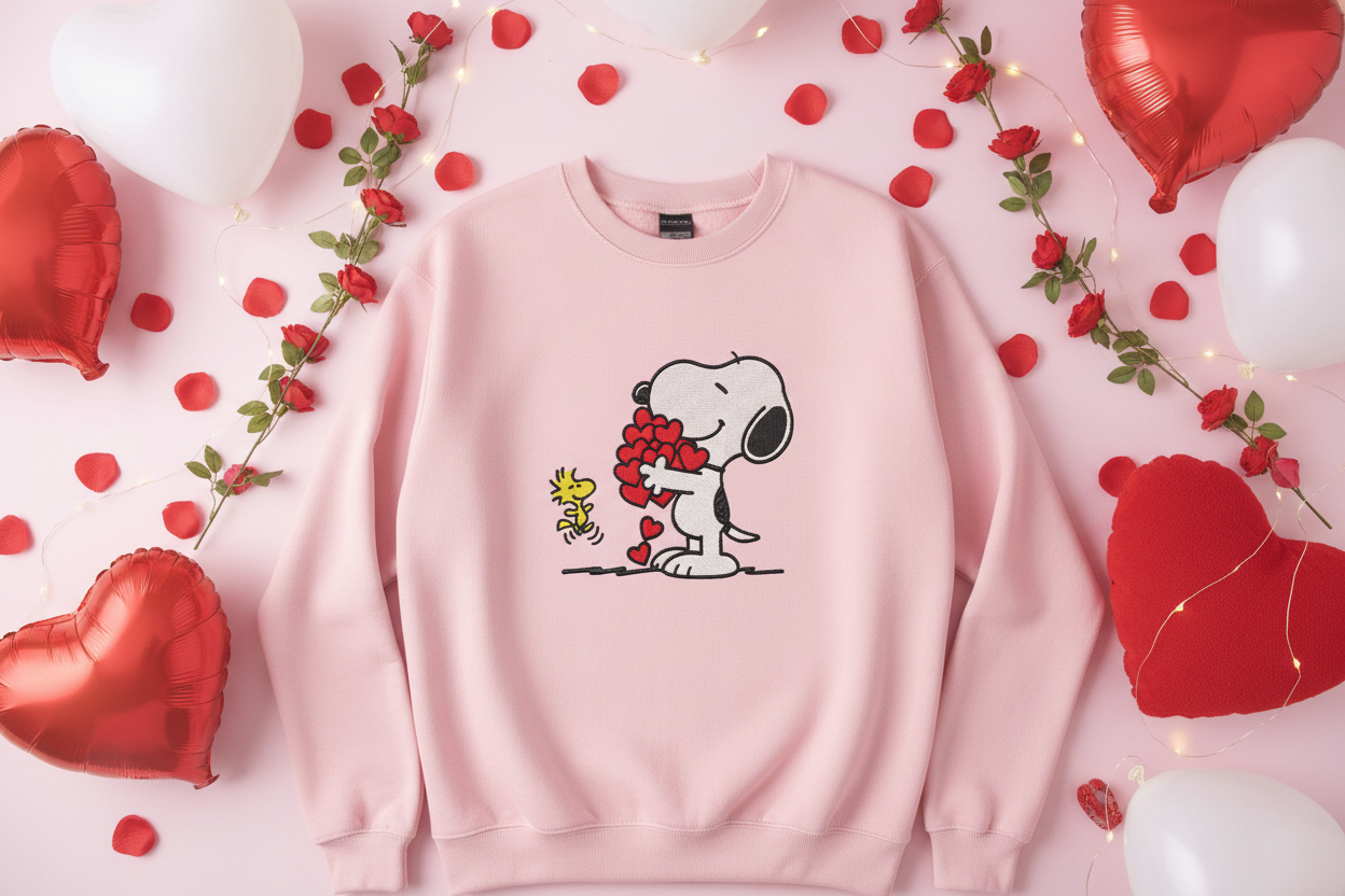 Pink sweatshirt with Snoopy hearts embroidery on Valentine balloons background