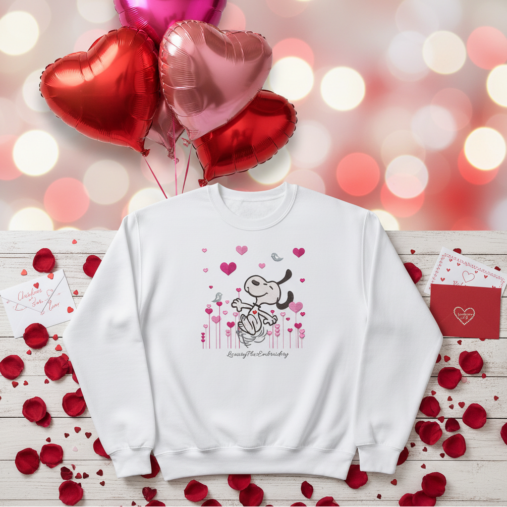 White Snoopy Valentine's embroidered sweatshirt with heart flowers on festive background