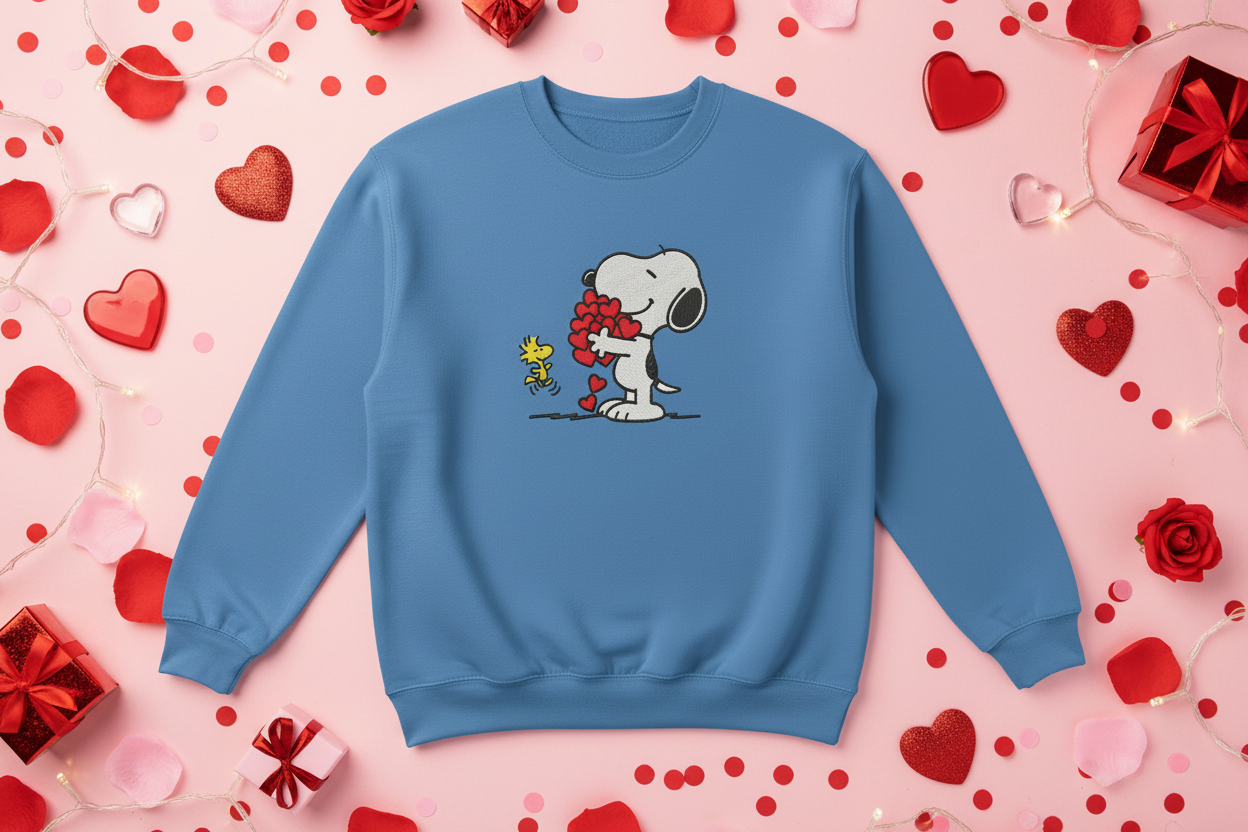 Carolina blue sweatshirt with Snoopy hearts embroidery on Valentine hearts background