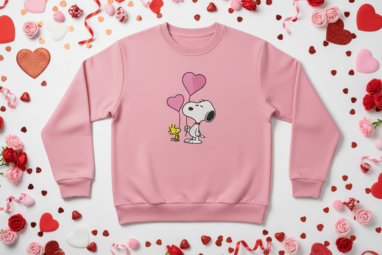 Pink sweatshirt with Snoopy and Woodstock embroidered design