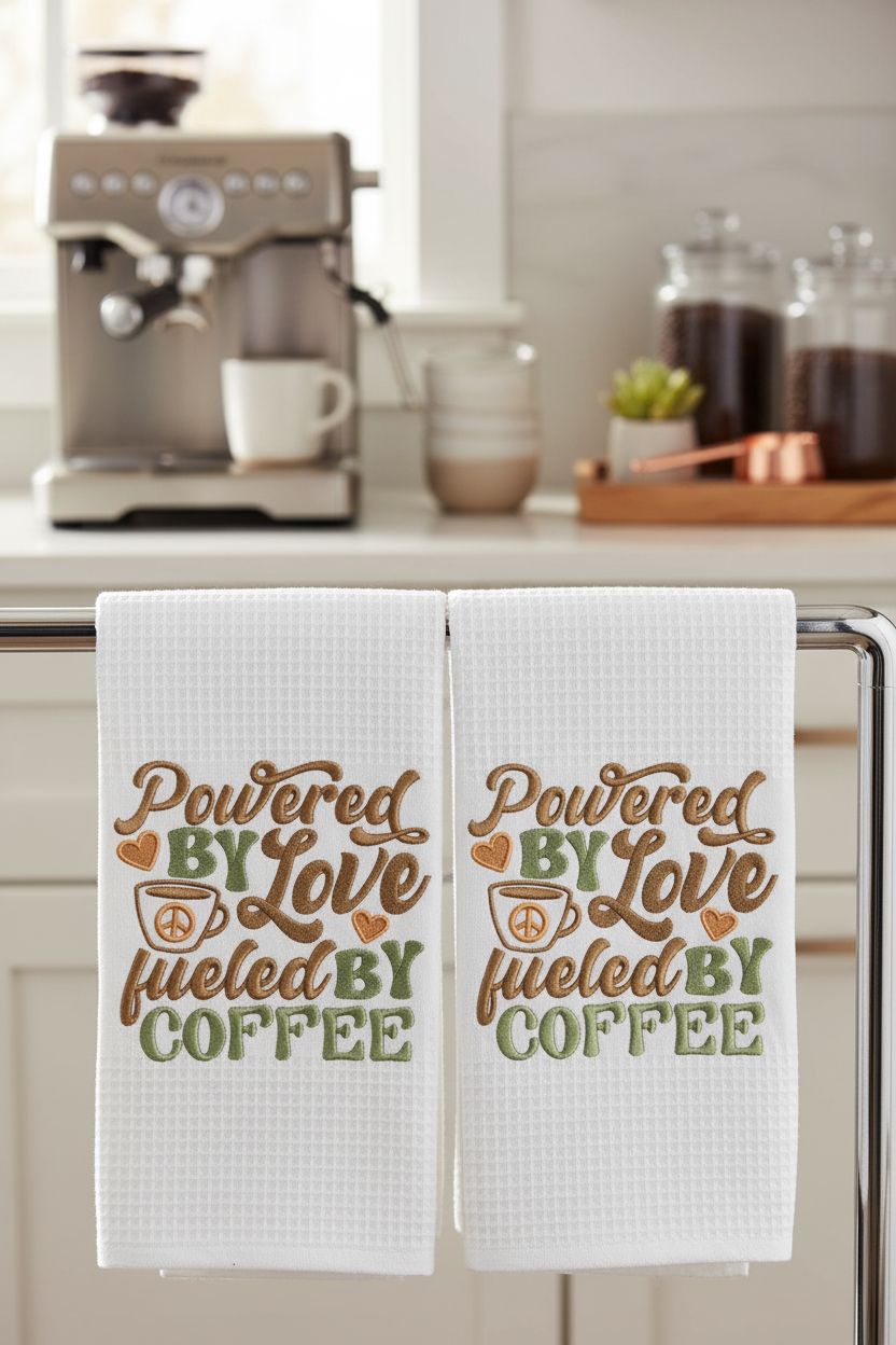 Powered By Love Fueled By Coffee embroidered kitchen towels in coffee bar