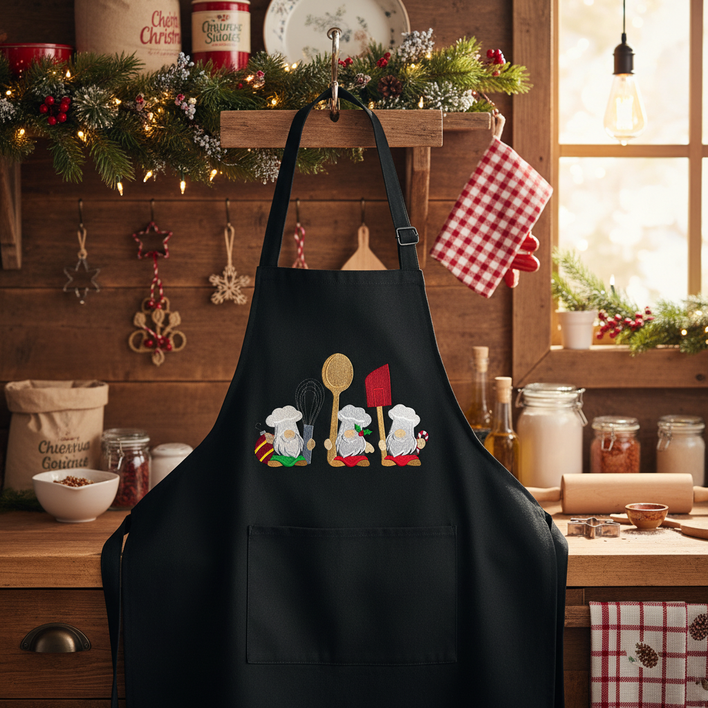 Christmas Baking Gnomes Embroidered Black Apron