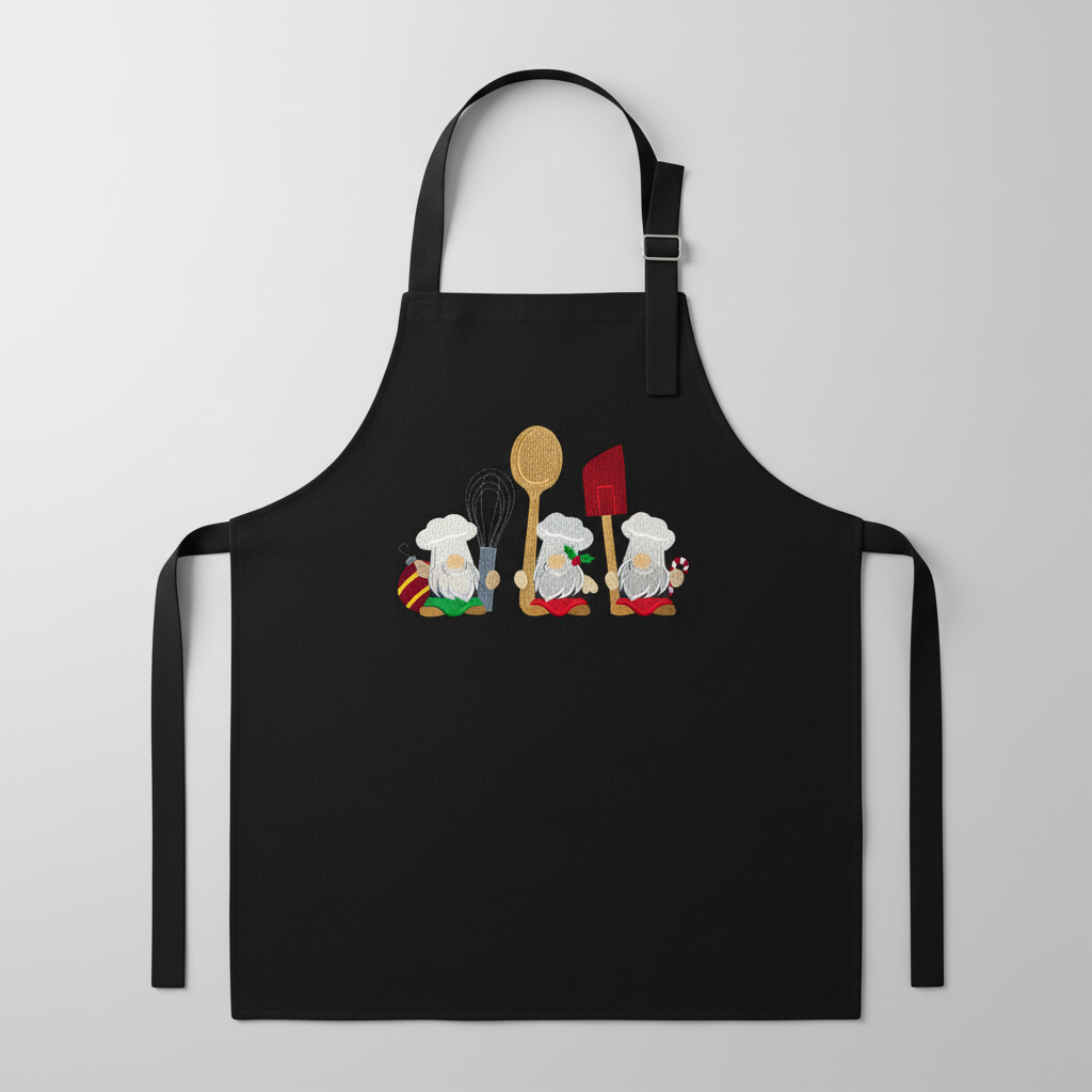 Christmas Baking Gnomes Embroidered Black Apron