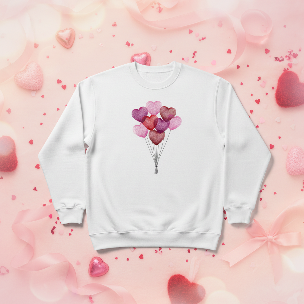 White sweatshirt with embroidered pink and red heart balloons on Valentine's Day background