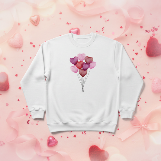White sweatshirt with embroidered pink and red heart balloons on Valentine's Day background