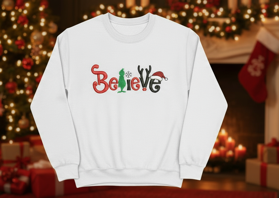 Believe Grinch Embroidered Sweatshirt - White