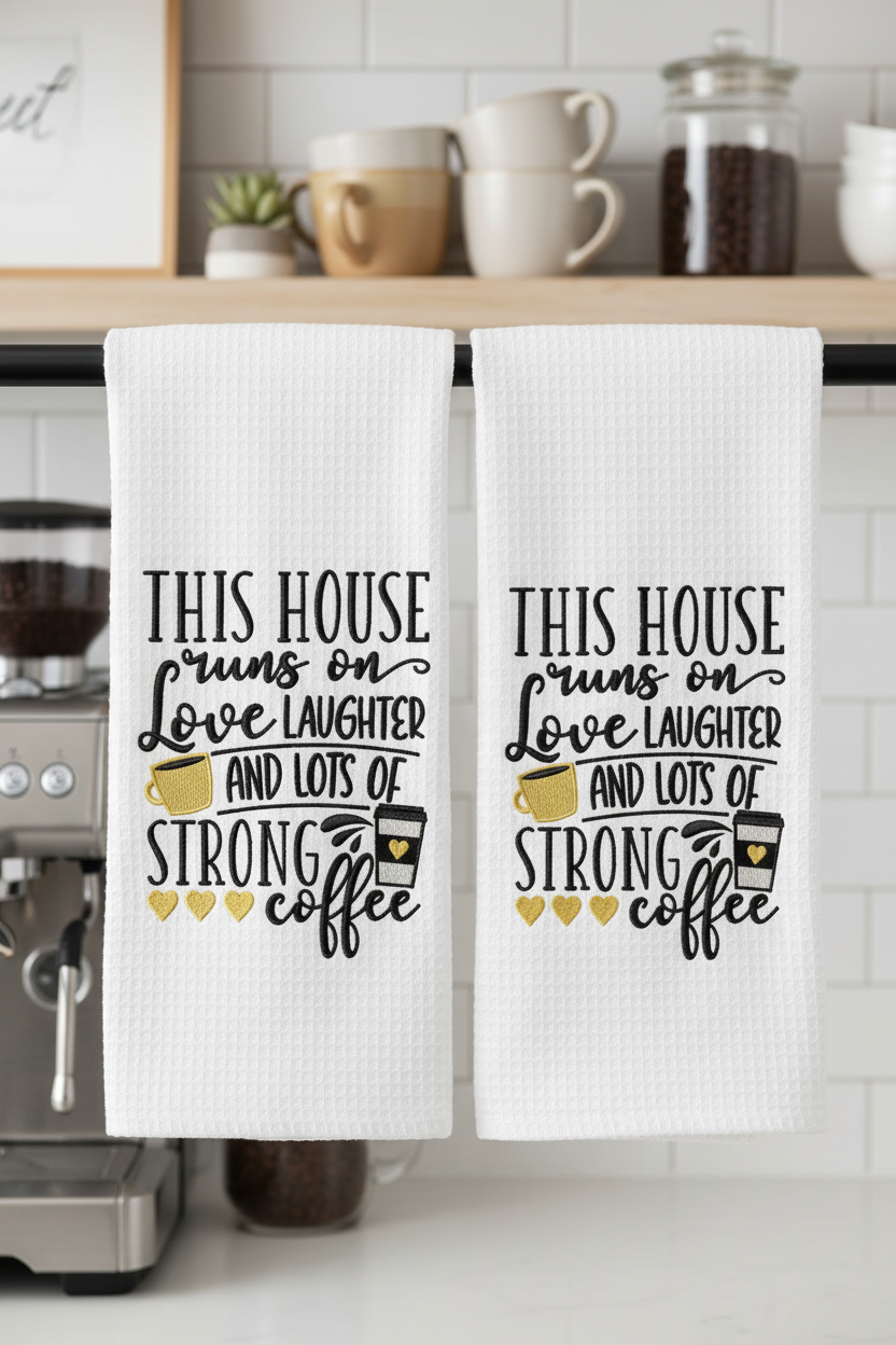 This House Runs On Love Laughter And Lots Of Strong Coffee embroidered kitchen towels in coffee bar
