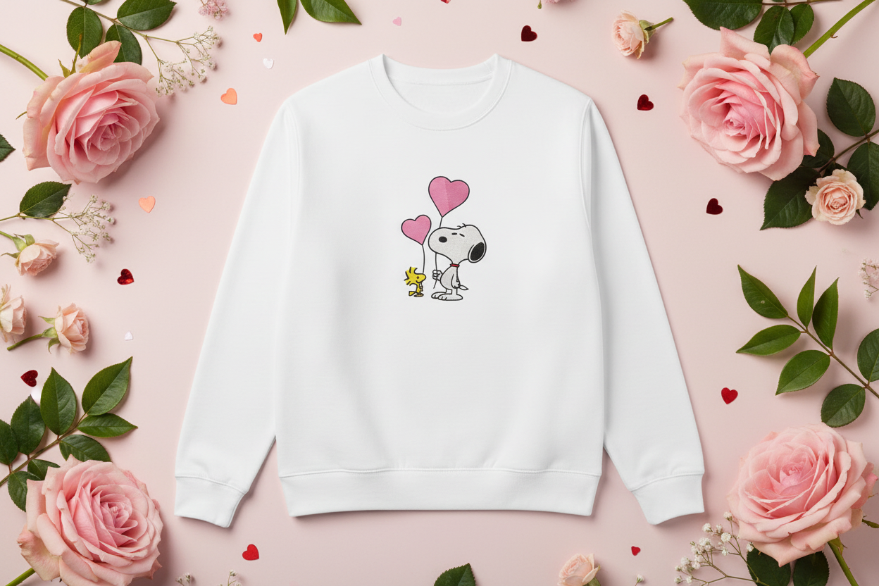 White sweatshirt with Snoopy and Woodstock embroidered design
