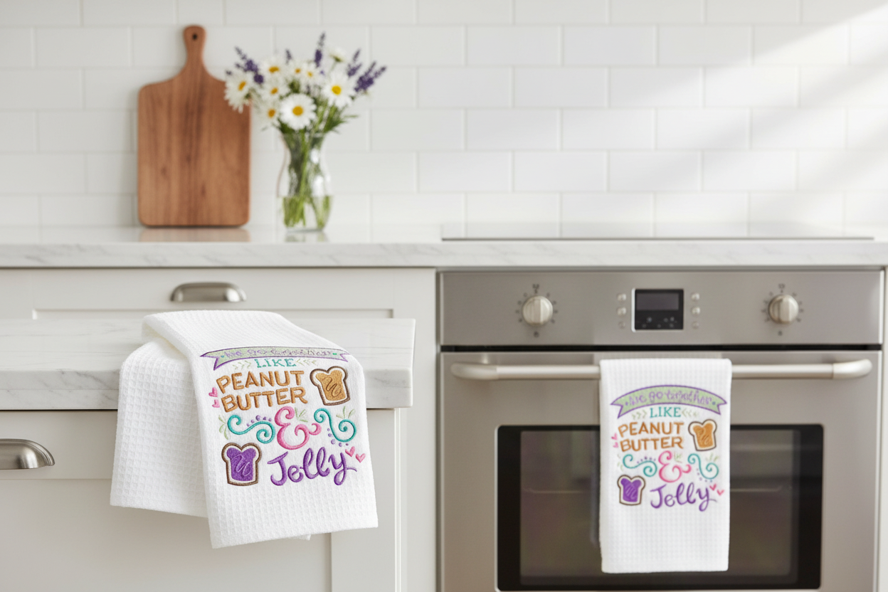 White waffle weave kitchen towels with We Go Together Like Peanut Butter and Jelly embroidery design in kitchen setting