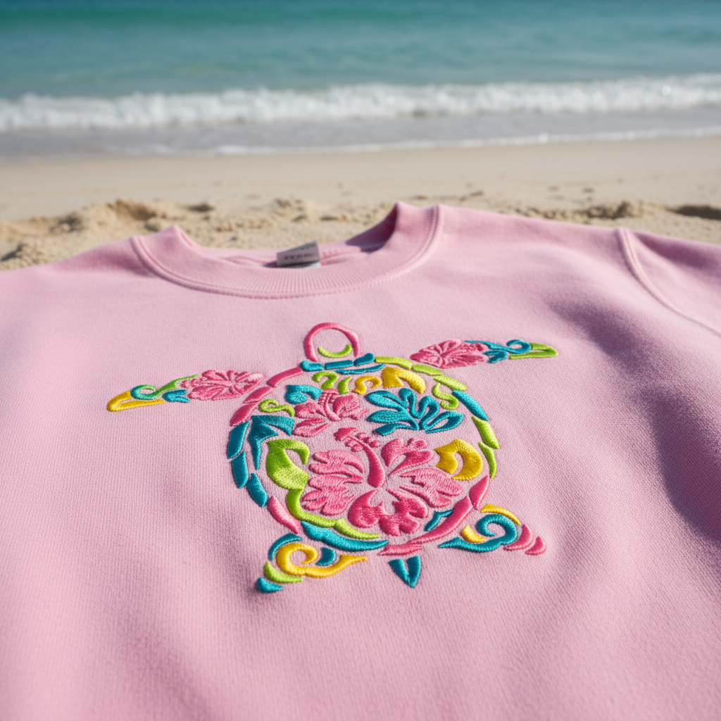 Pink sweatshirt with floral sea turtle embroidery