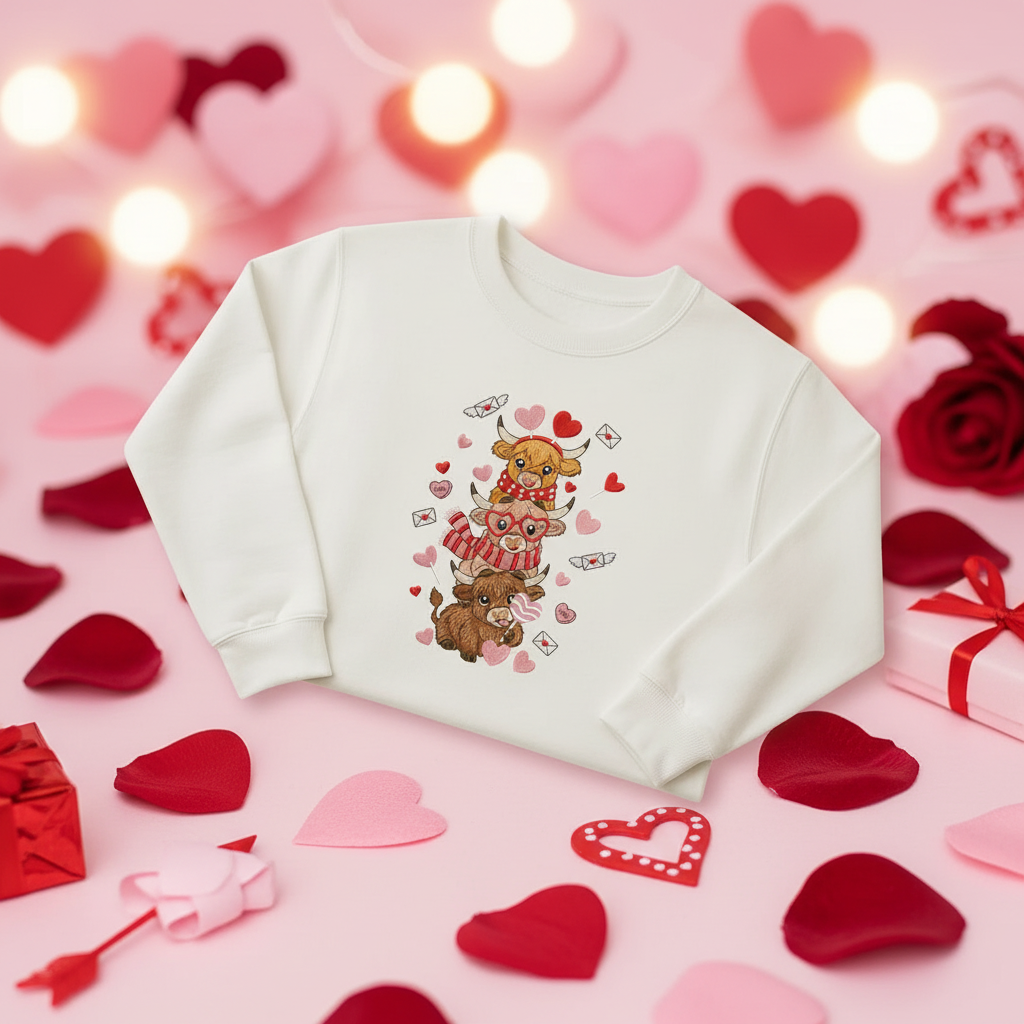 White sweatshirt with embroidered Valentine's Day highland cows on festive background