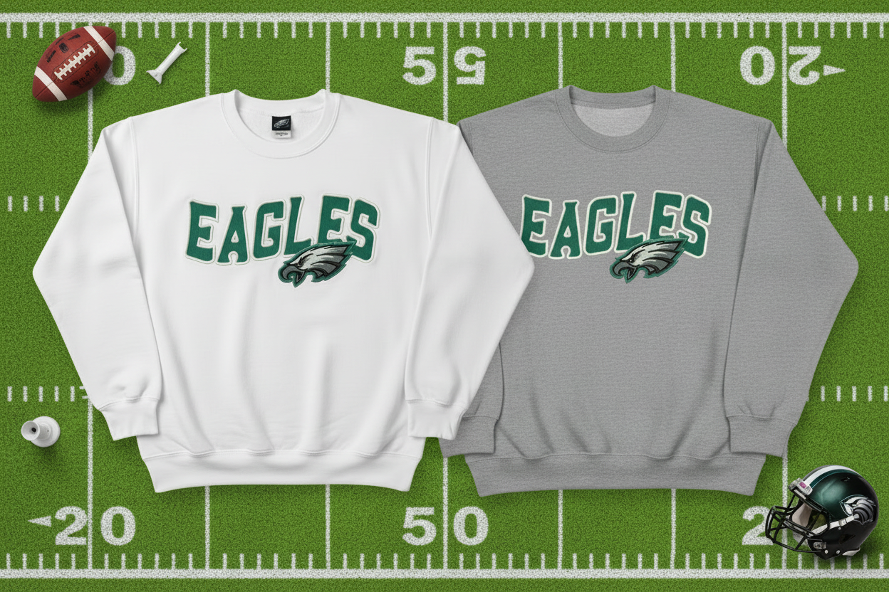 Eagles sweatshirts on football background