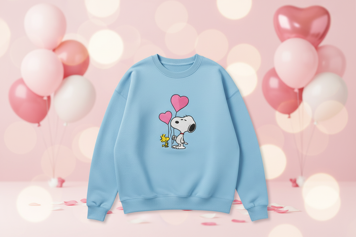 Carolina blue sweatshirt with Snoopy and Woodstock embroidered design