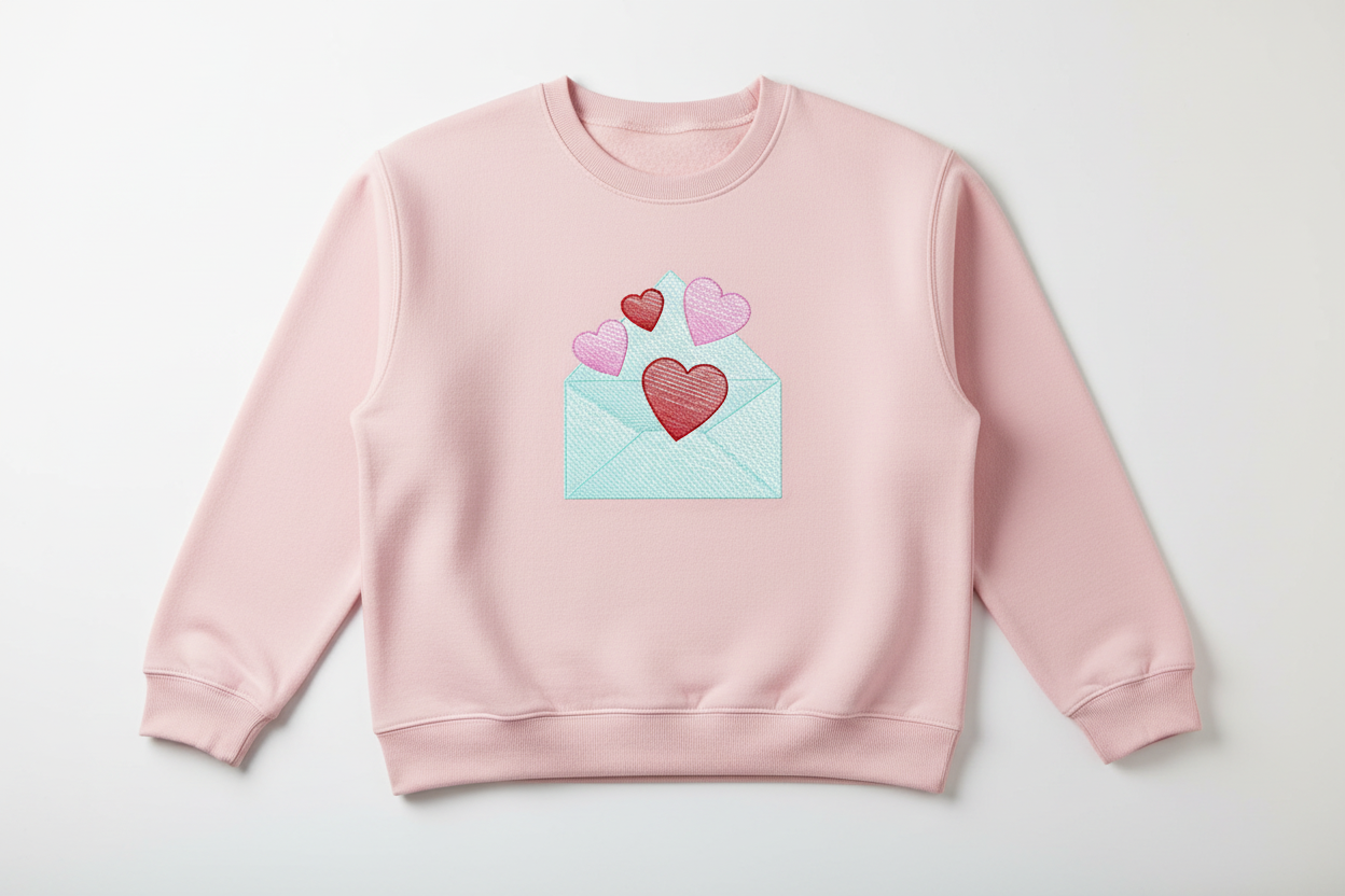 Light pink sweatshirt with hearts envelope embroidery 6x10 inch