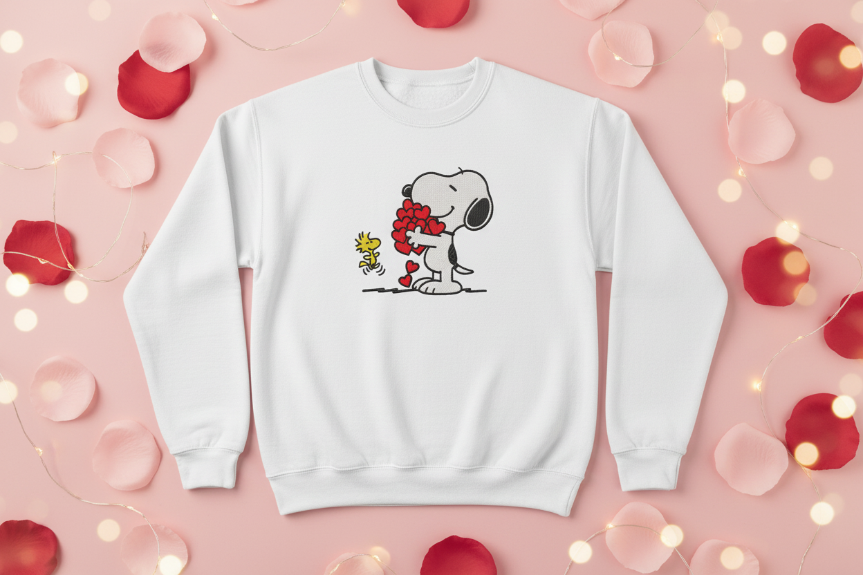 White sweatshirt flat lay with Snoopy hearts embroidery on Valentine bokeh background