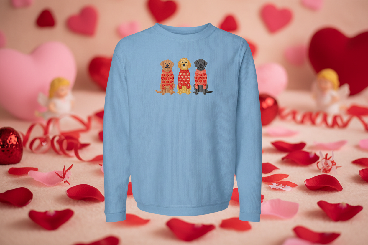 Carolina blue sweatshirt with Valentine pups embroidery featuring three dogs in heart sweaters