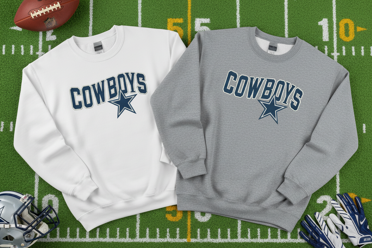 Cowboys sweatshirts on football background