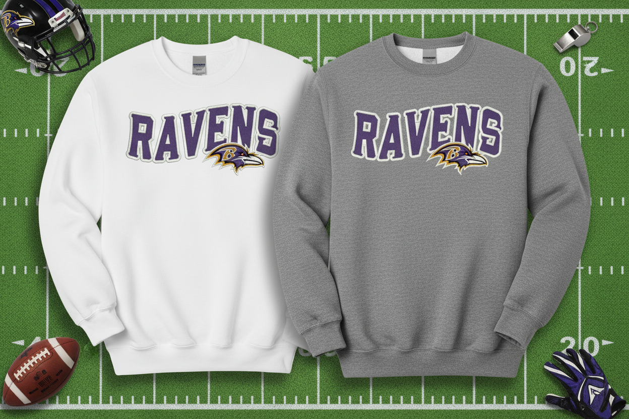Ravens sweatshirts on football background