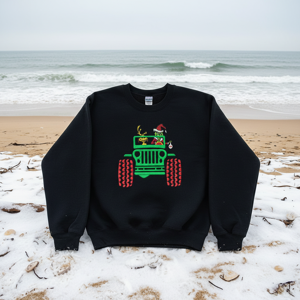 Grinch Jeep Christmas Embroidered Sweatshirt
