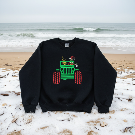 Grinch Jeep Christmas Embroidered Sweatshirt