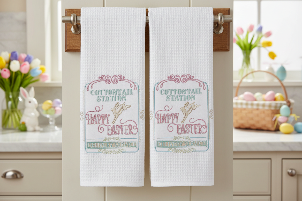 Two white waffle weave kitchen towels with Cottontail Station Happy Easter embroidery hanging in Easter kitchen