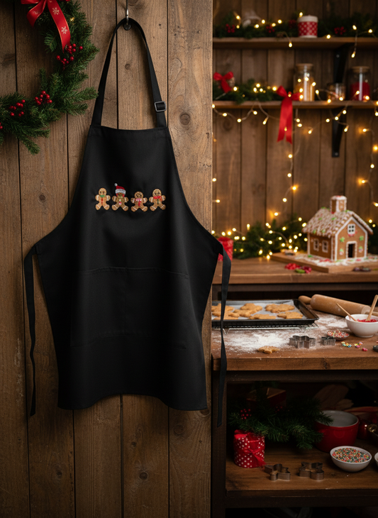 Gingerbread Men Embroidered Black Apron