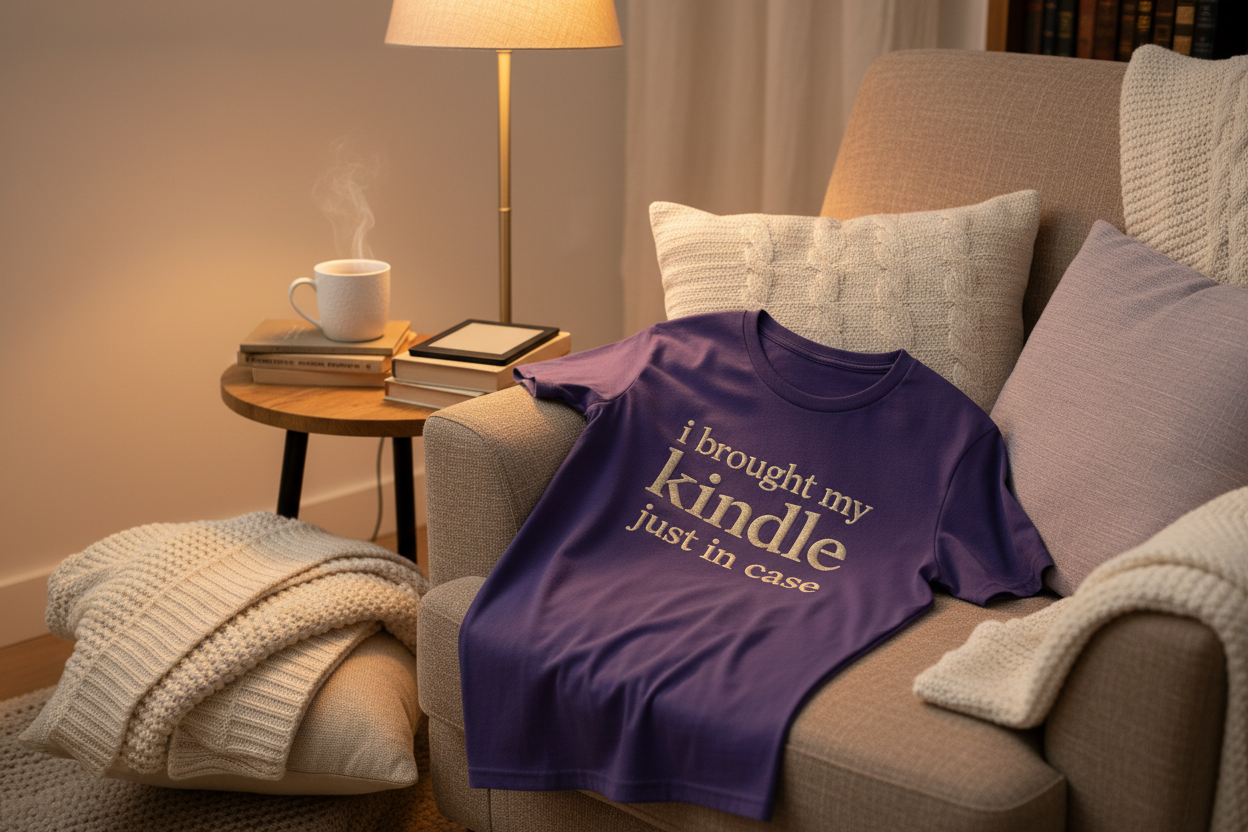 Violet t-shirt with I brought my kindle just in case embroidery in cozy reading setting