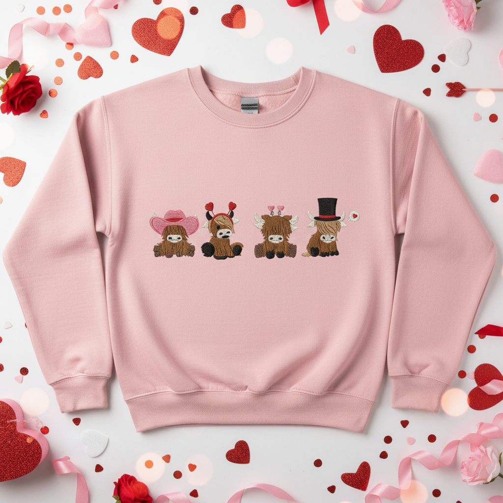 Pink sweatshirt with embroidered Valentine's Day highland cows on festive background