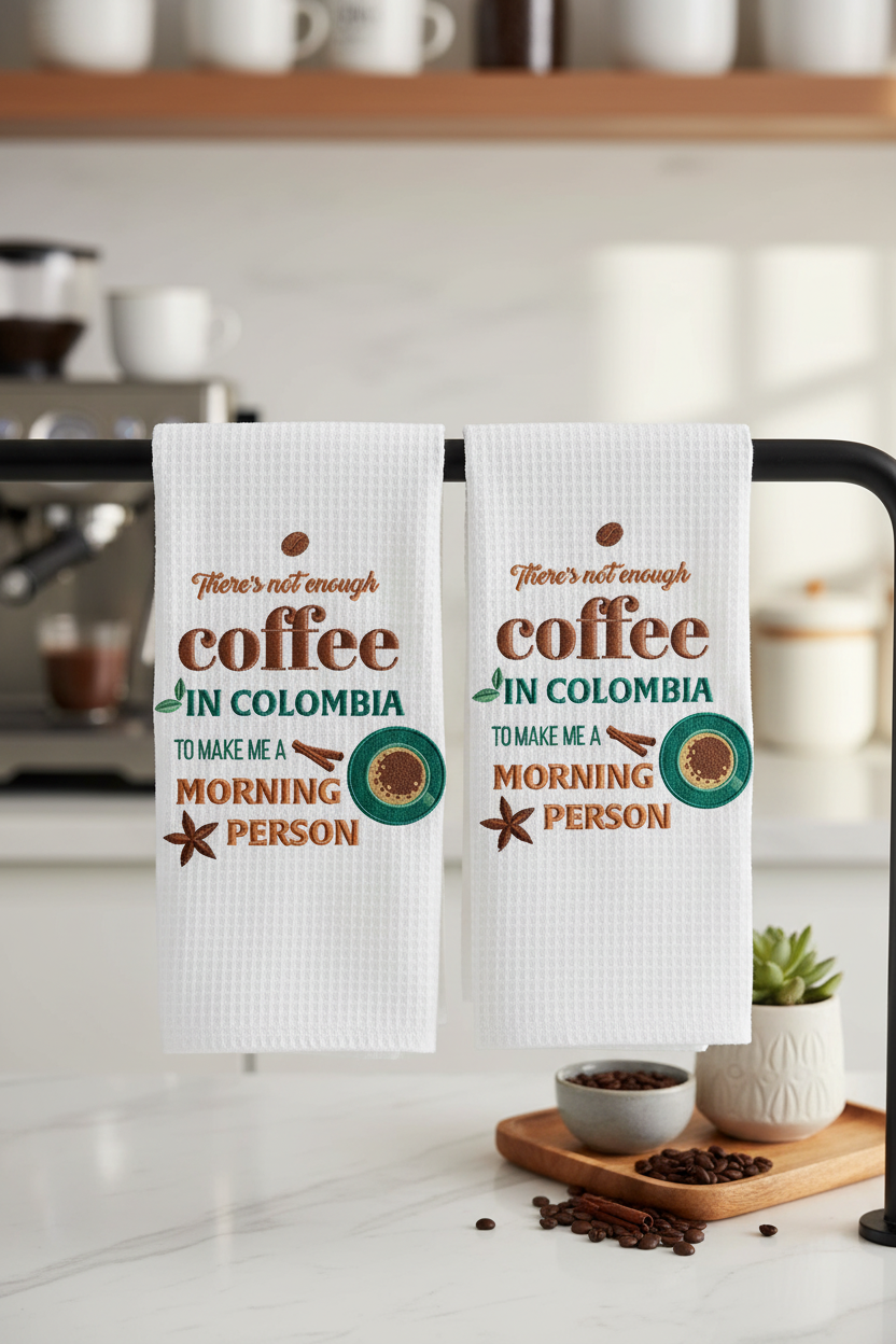There's Not Enough Coffee In Colombia To Make Me A Morning Person embroidered kitchen towels in coffee bar