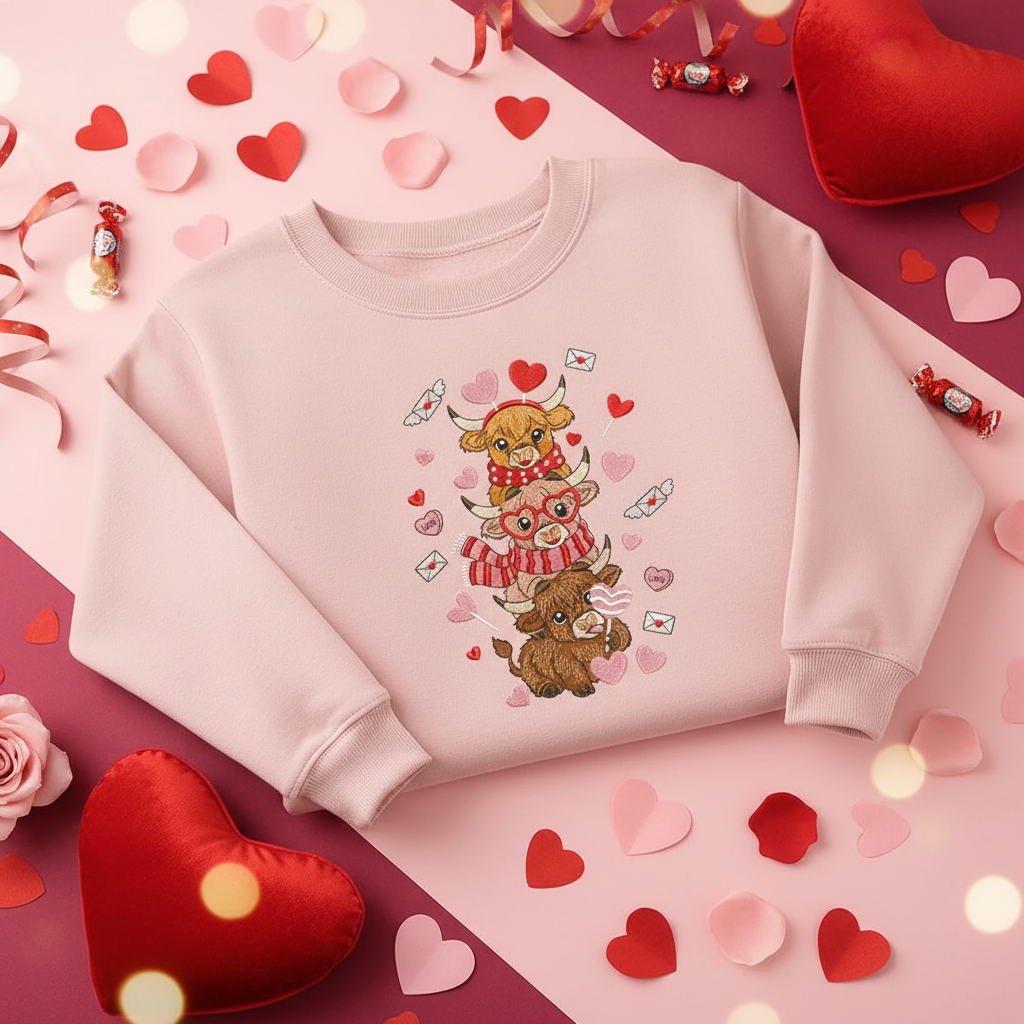 Pink sweatshirt with embroidered Valentine's Day highland cows on festive background
