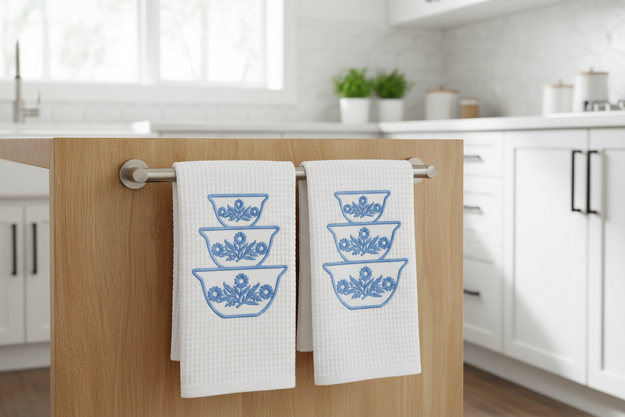 Cornflower blue embroidered kitchen towels hanging in kitchen
