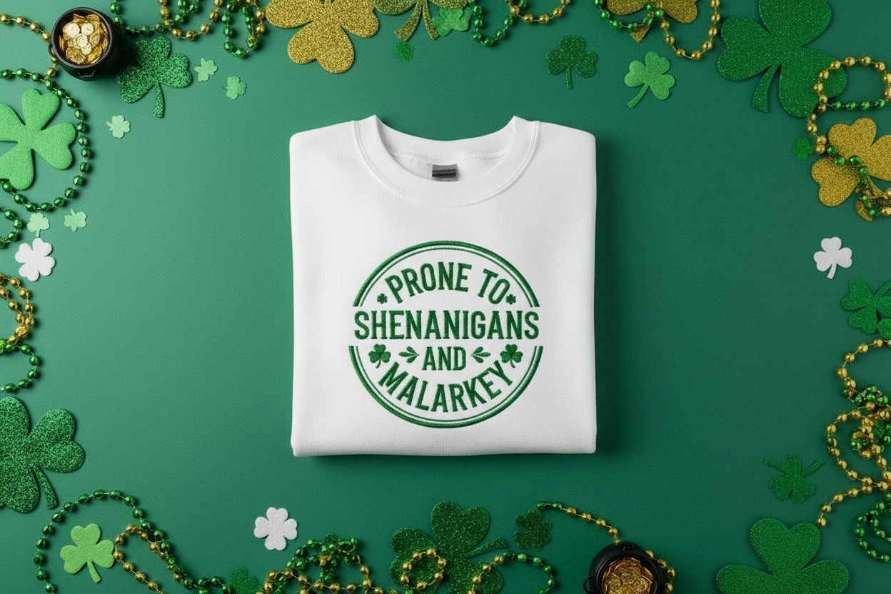 White sweatshirt with Prone to Shenanigans and Malarkey embroidered design on St. Patrick's Day background