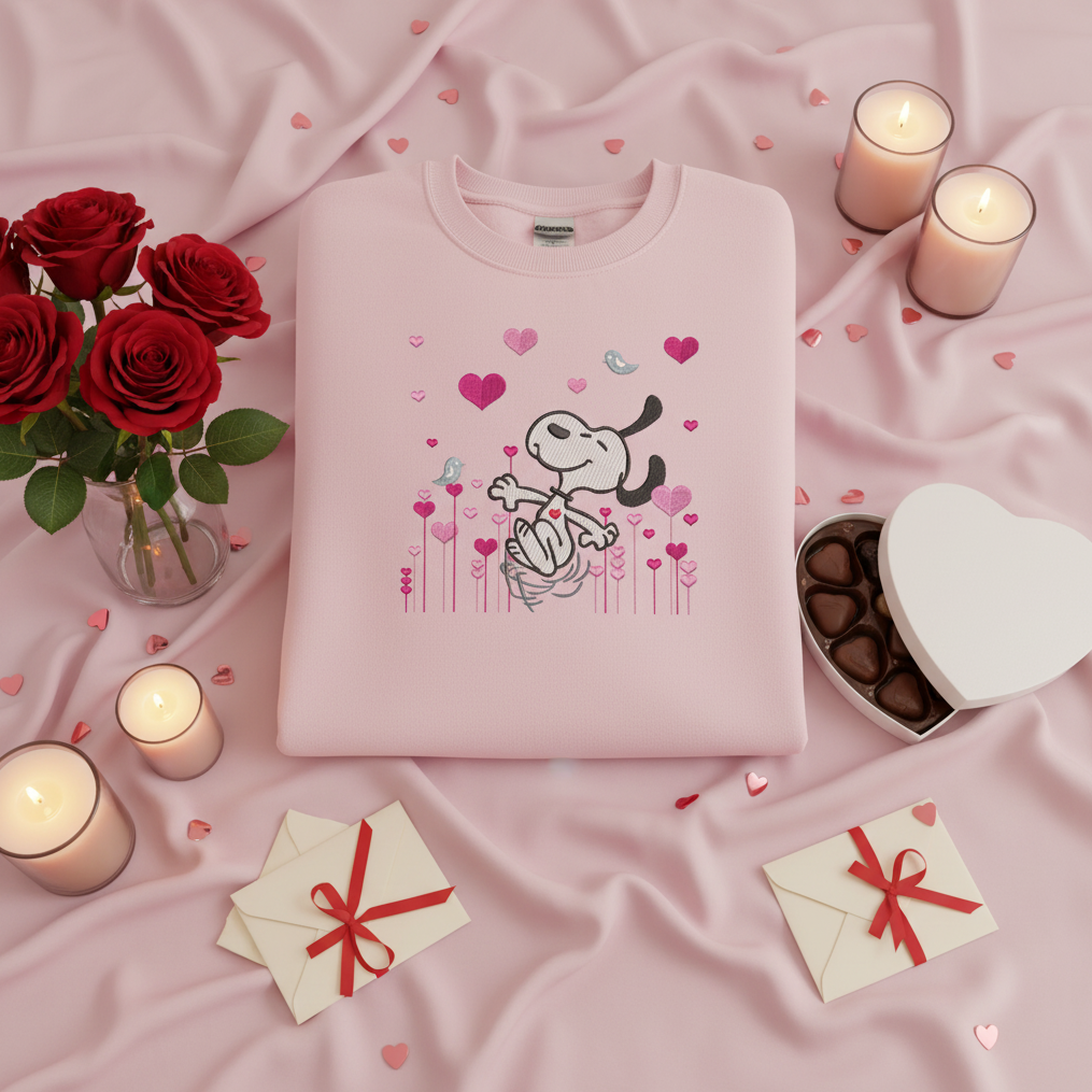 Light pink Snoopy Valentine's embroidered sweatshirt with heart flowers on romantic background