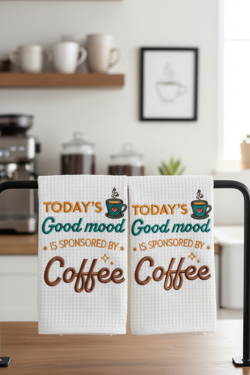 Today's Good Mood Is Sponsored By Coffee embroidered kitchen towels in coffee bar