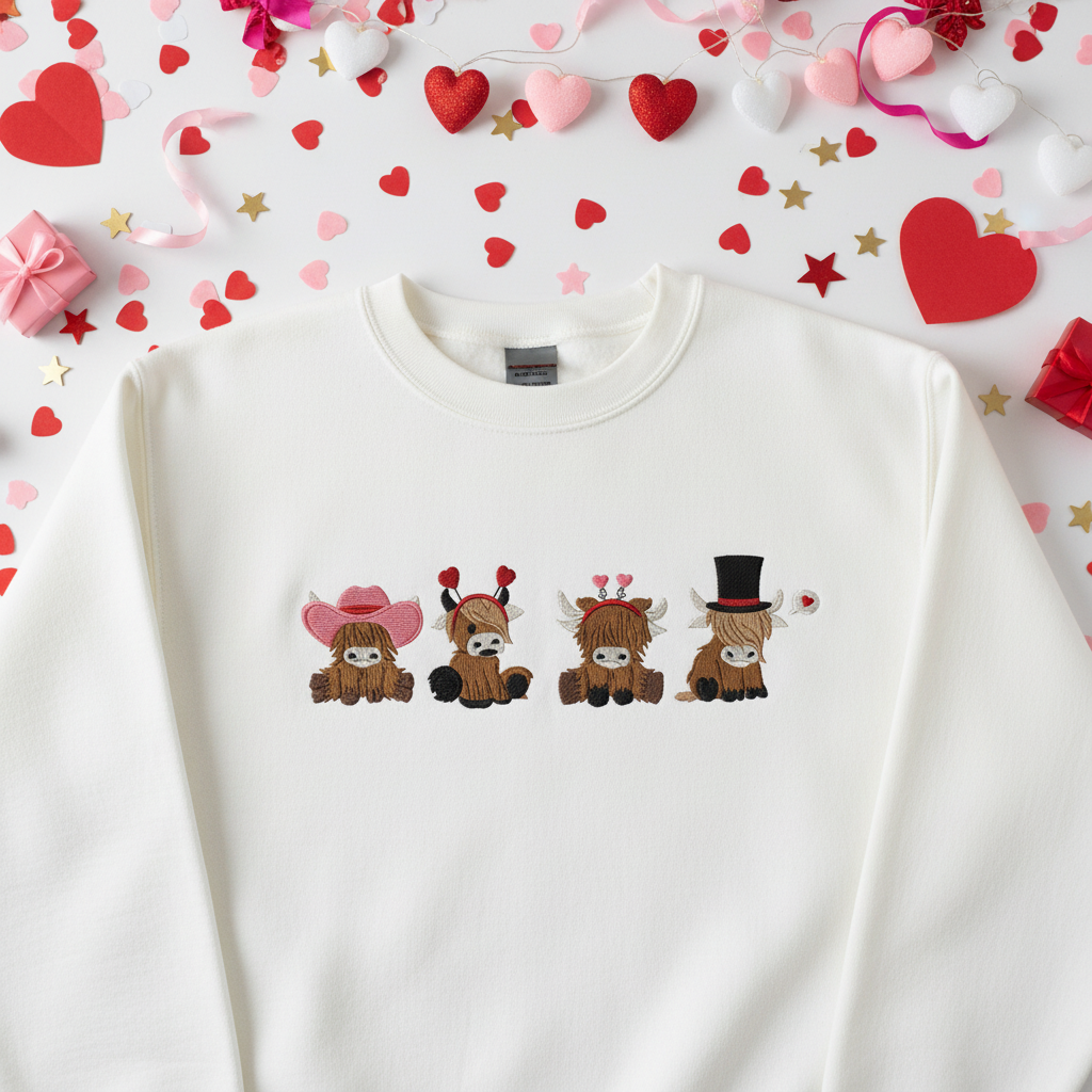 White sweatshirt with embroidered Valentine's Day highland cows on festive background