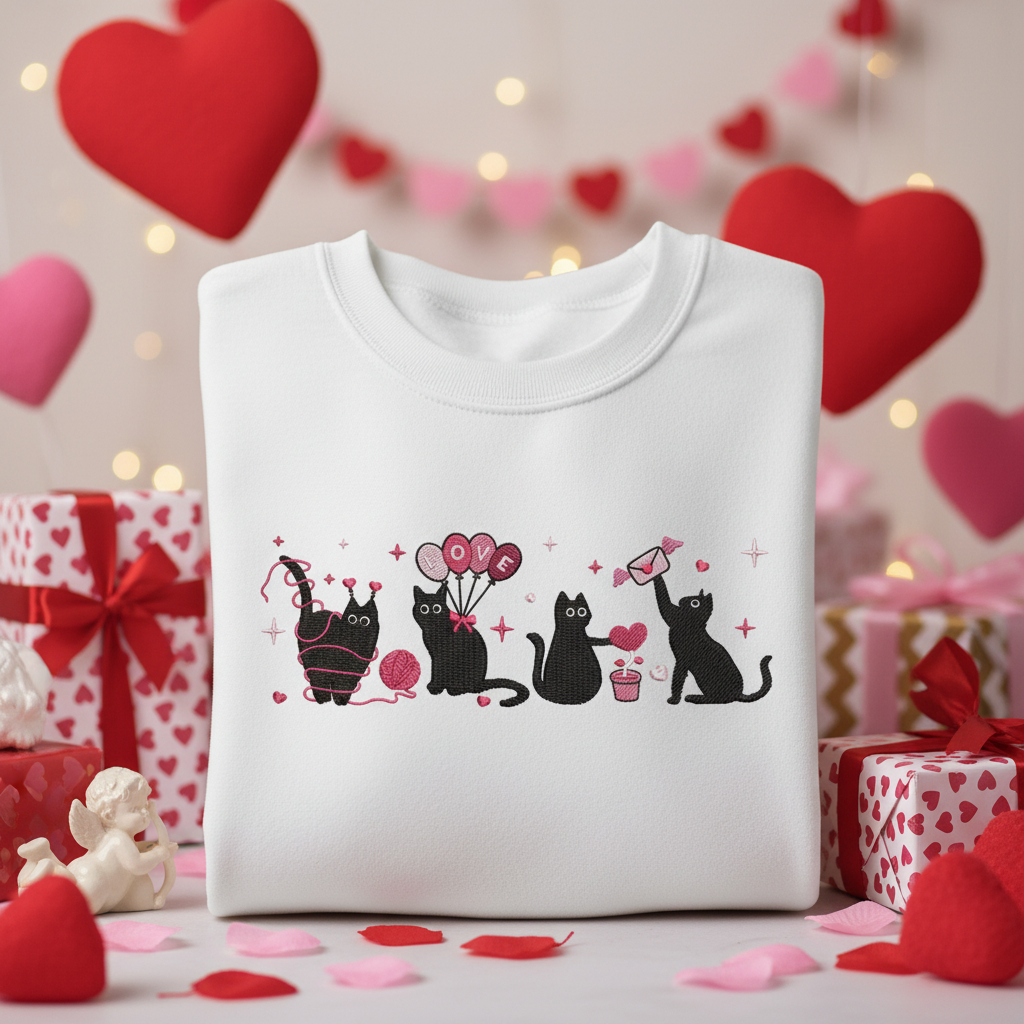 White sweatshirt with embroidered Valentine's Day black cats on festive background