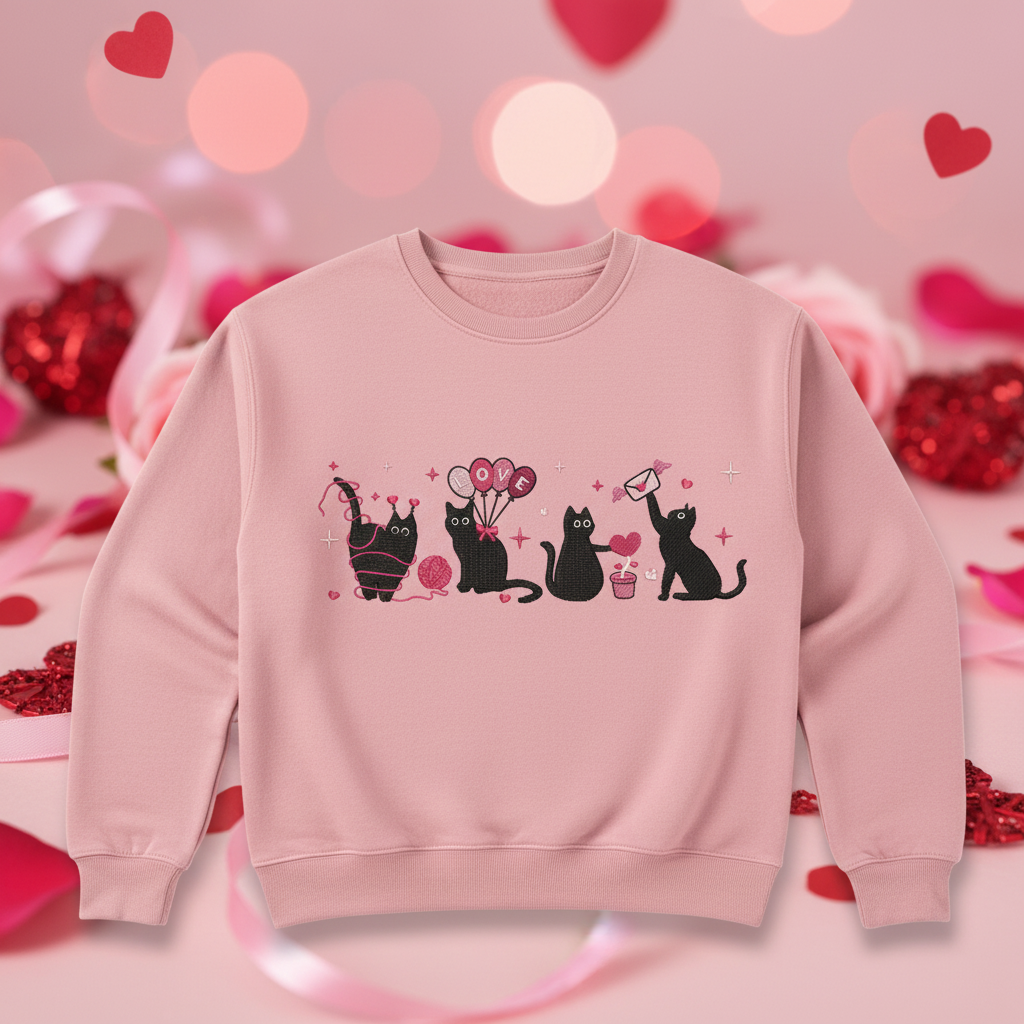 Pink sweatshirt with embroidered Valentine's Day black cats on festive background