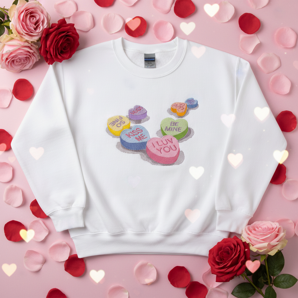 White conversation hearts embroidered sweatshirt on romantic roses background