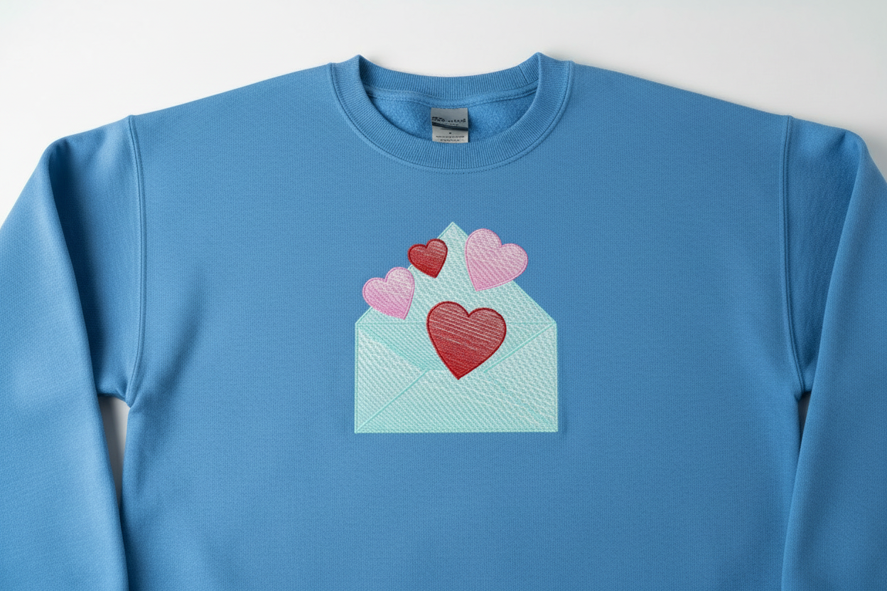 Carolina blue sweatshirt with hearts envelope embroidery 6x10 inch